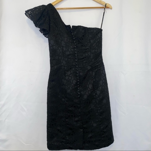 Mori Lee Style 31020 Black Lace One Shoulder Bridesmaid Midi Dress Size 8 - Picture 6 of 12